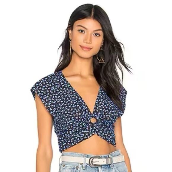 Free People Havana Honey Top in Blue Heart Print Crop cut out short cap sleeve - Picture 1 of 10